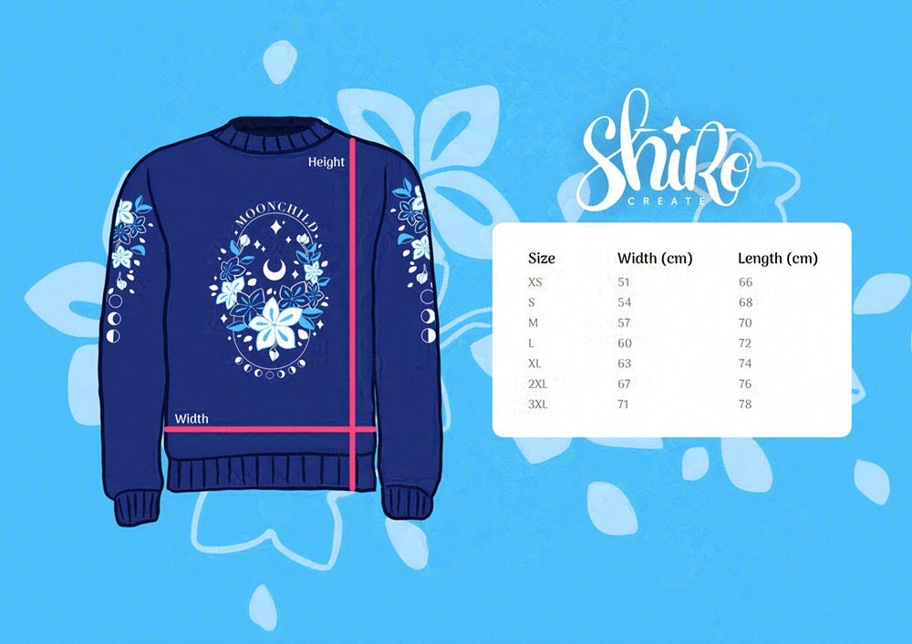 Same blue sweatshirt with instructions on how to measure width and length, along with a size chart.