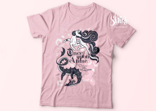 Once upon a time pink shirt with unicorn and a dragon